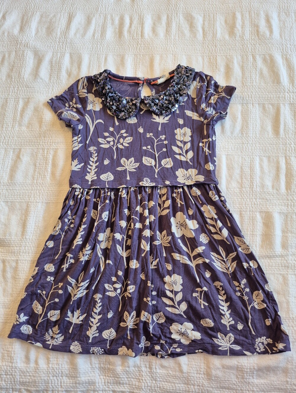 Mini Boden girls 3-4 years purple sequin collar dress leaves acorns flowers